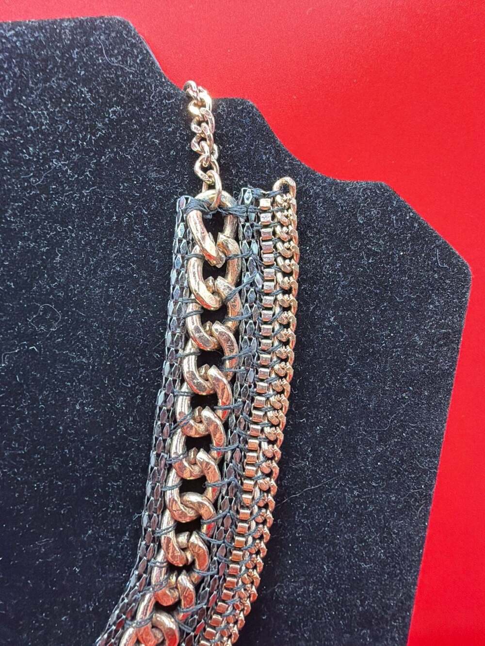 Layered Statement Necklace Multi-Chain Metal and Mesh Collar - Picture 4 of 7